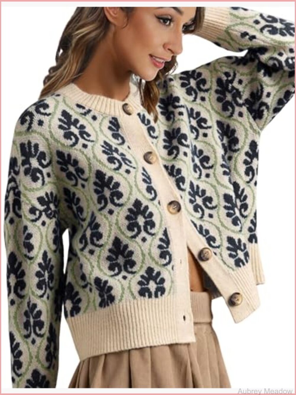 Women Floral Cardigan Open Front Long Sleeve Button Down Knit Sweater - Picture 6 of 7